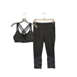 Athleta Set Navy Herringbone Print Sports Bra & Mesh Insert Crop Legging